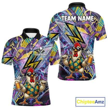 Front and back views of a short-sleeve polo shirt featuring a colorful graphic print with a cartoon chicken character, lightning bolts, and placeholder text 'TEAM NAME' and 'YOUR NAME'.