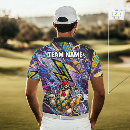 Funny Rooster Men Golf Polo Shirt Custom Name Purple Yellow Golf Team Shirt NHT1256
