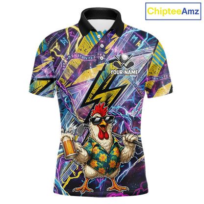 A short-sleeve polo shirt with a vibrant, all-over graphic print featuring a cartoon chicken in sunglasses holding a beer mug, set against a purple and yellow lightning-bolt background. The shirt has a black collar, a white button placket, and customizable text placeholders 'YOUR NAME' and 'CHOOSE A COLOR'.