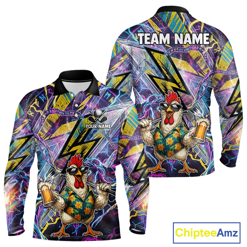 Funny Rooster Men Golf Polo Shirt Custom Name Purple Yellow Golf Team Shirt NHT1256