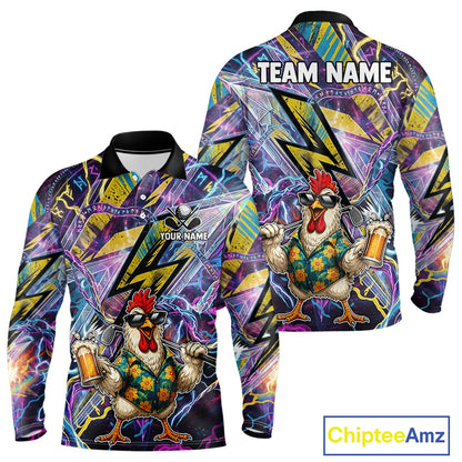 Funny Rooster Men Golf Polo Shirt Custom Name Purple Yellow Golf Team Shirt NHT1256