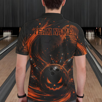 A person viewed from behind wearing a black short-sleeve polo shirt with an orange and black Halloween-themed graphic print featuring a jack-o'-lantern bowling ball, bowling pins, and the text 'TEAM NAME' on the back, set against a bowling alley background.