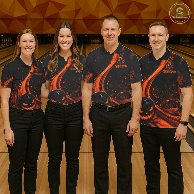 Personalized Halloween Bowling 1/4 Zip Polo Shirt For Men - Scary Pumpkin Team Name Jersey NHT1274