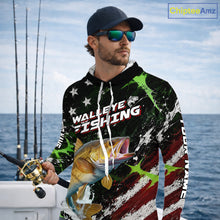 Load image into Gallery viewer, Best Walleye Fishing Shirts Long Sleeve Hooded American Flag Patriotic Custom Name Fishing Jersey NHT967