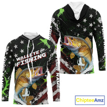 Load image into Gallery viewer, Best Walleye Fishing Shirt Long Sleeve Hooded American Flag Patriotic Custom Name