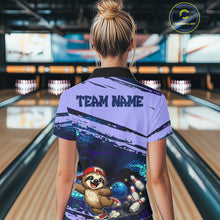 Load image into Gallery viewer, Person wearing a bowling shirt with a sloth graphic in a bowling alley.