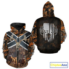 Load image into Gallery viewer, Hunting Shirt with Running Deer Design US Flag - Orange Camo Custom Name 3D Print NHT329