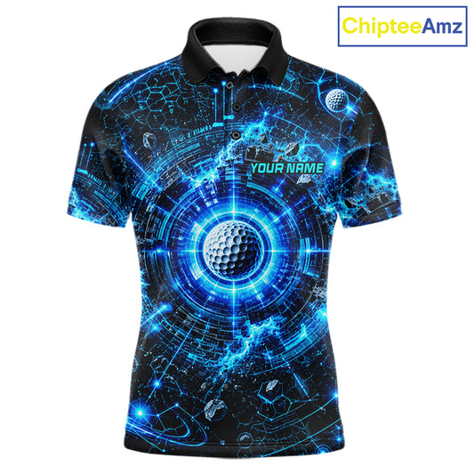 Custom Mens Golf Polo Shirt – Futuristic Blue Golf Ball Personalized Team Golf Jersey 