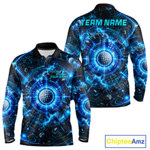 Load image into Gallery viewer, Long-sleeve shirt with futuristic design and customizable text, featuring golf balls and blue energy effects.