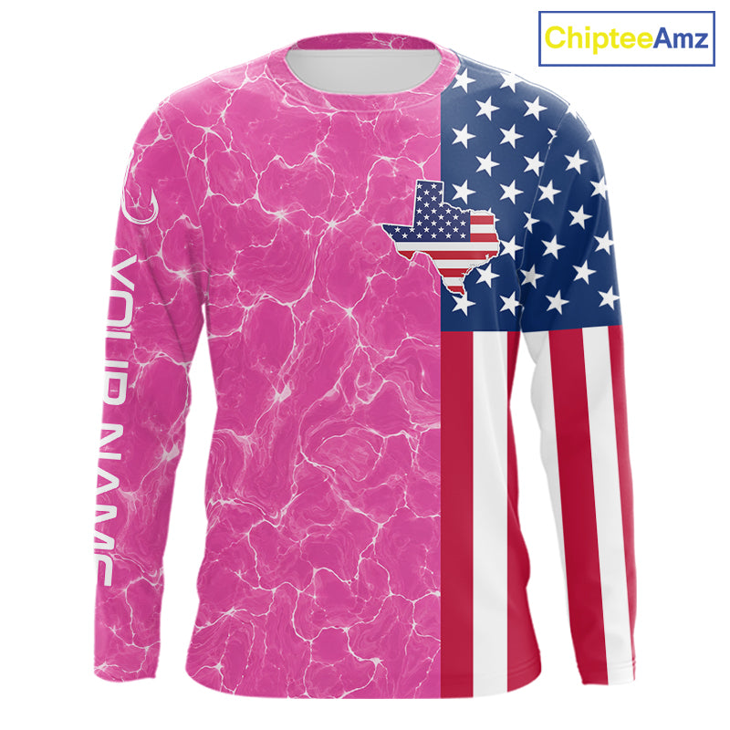 Texas Fishing Shirt Pink American Flag Men's Long Sleeve Fishing Apparel 