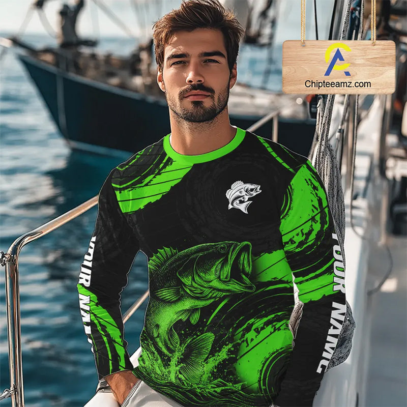 Personalized Bass Fishing Jerseys, Bass Fishing Scale Long Sleeve Shirt| Green NHT386