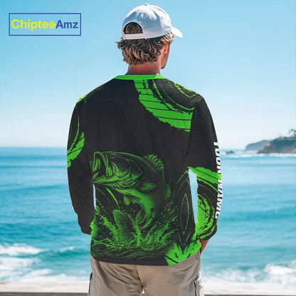 Personalized Bass Fishing Jerseys, Bass Fishing Scale Long Sleeve Shirt| Green NHT386