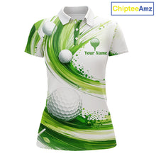 Load image into Gallery viewer, Custom Green Wave Womens Golf Polo Shirt With Ball Design Personalized Team Name &amp; Name Golf Shirt NHT623