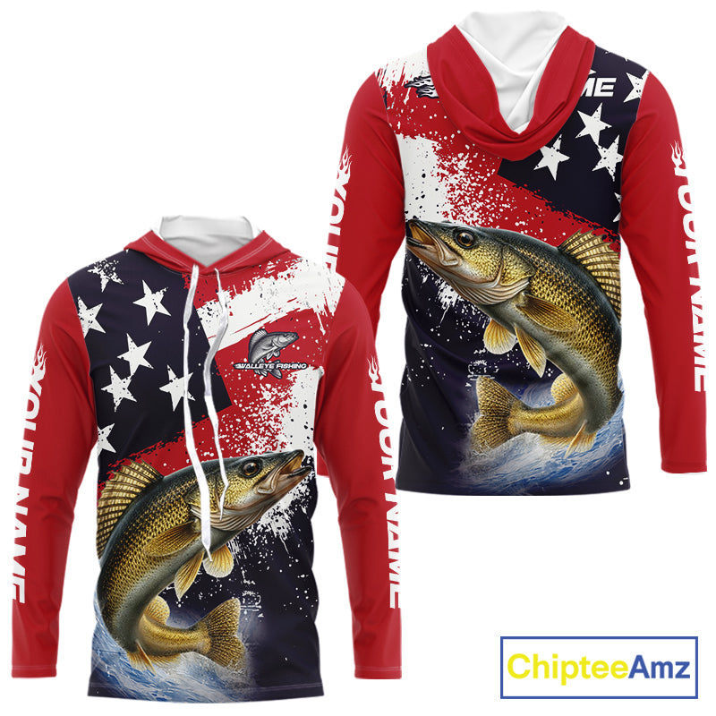 Personalized Walleye Fishing Jerseys, Custom American Flag Walleye Hooded Fishing Shirts Long Sleeve NHT488