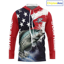Load image into Gallery viewer, Personalized Crappie Fishing Jerseys, Custom American Flag Crappie Hooded Fishing Shirts Long Sleeve NHT491