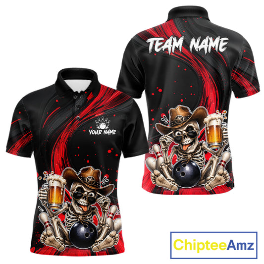 Black and red bowling shirt with skeleton design and 'Team Name' text, featuring ChipteeAmz branding.