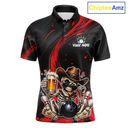 Funny Skeleton Cowboy Bowling Shirt, Personalized Red Color Beer Bowler Polo & Quarter-Zip 