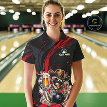 Load image into Gallery viewer, Person wearing a custom bowling shirt with a skeleton design in a bowling alley.