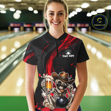 Load image into Gallery viewer, Person wearing a black and red bowling shirt with a skeleton design in a bowling alley.