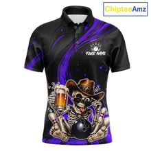Load image into Gallery viewer, Funny Skeleton Cowboy Bowling Shirt, Personalized Purple Color Beer Bowler Polo &amp; Quarter-Zip 