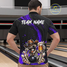 Load image into Gallery viewer, Person wearing a black and purple bowling shirt with a skeleton design in a bowling alley.
