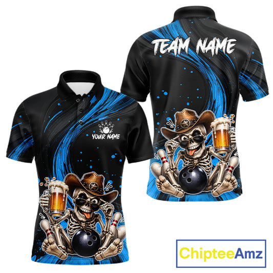 Black and blue bowling shirt with skeleton design and 'Team Name' text, featuring ChipteeAmz branding.