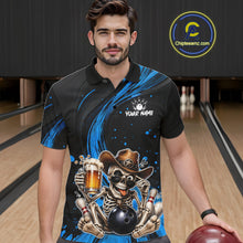Load image into Gallery viewer, Funny Skeleton Cowboy Bowling Shirt, Personalized Blue Color Beer Bowler Polo &amp; Quarter-Zip NHT1163