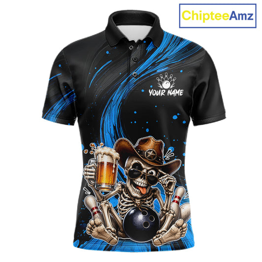 Funny Skeleton Cowboy Bowling Shirt, Personalized Blue Color Beer Bowler Polo & Quarter-Zip 