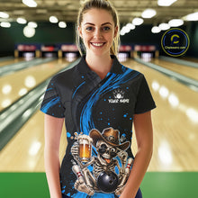 Load image into Gallery viewer, Person wearing a custom polo shirt with a skeleton design in a bowling alley.