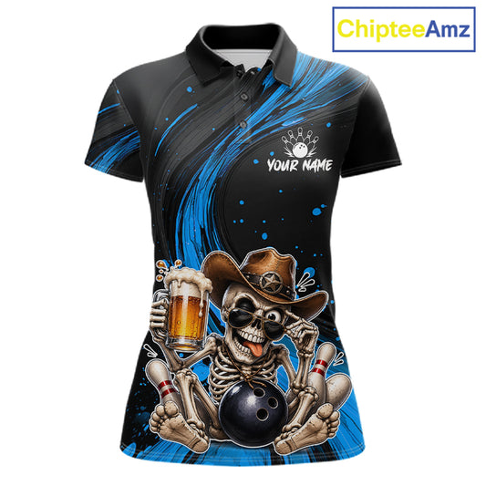 Funny Skeleton Cowboy Women Bowling Shirt, Personalized Blue Color Beer Bowler Polo & Quarter-Zip 