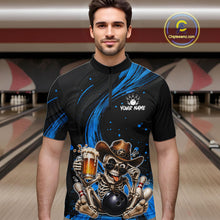 Load image into Gallery viewer, Man wearing a black and blue bowling shirt with a skeleton design in a bowling alley.