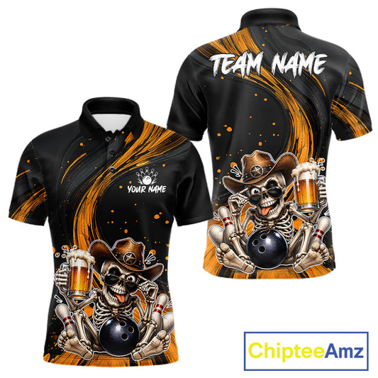 Black and Yellow bowling shirt with skeleton design and 'Team Name' text, featuring ChipteeAmz branding.