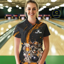 Load image into Gallery viewer, Person wearing a custom bowling shirt with a skeleton design in a bowling alley.