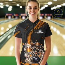 Load image into Gallery viewer, Person wearing a black bowling shirt with a skeleton and beer design in a bowling alley.