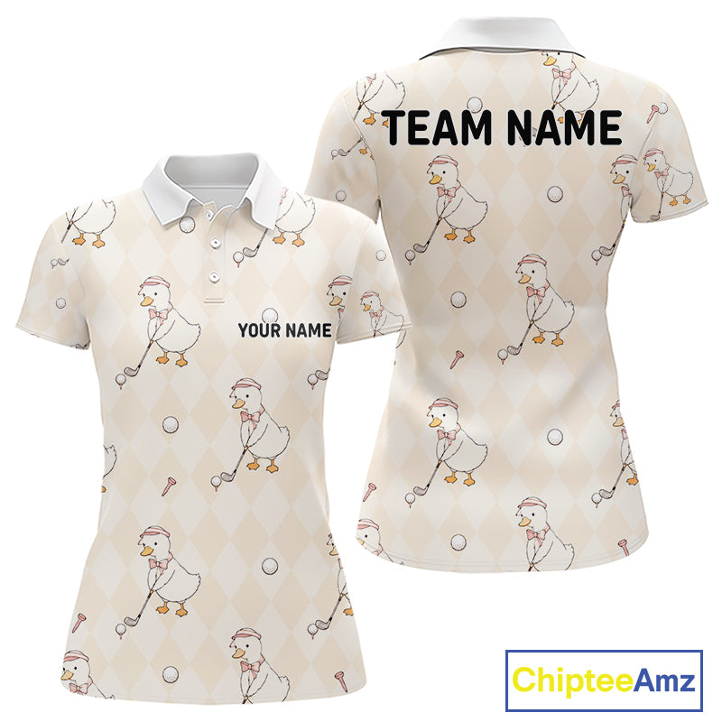 Personalized Argyle Funny Duck Pattern Womens Golf Polo Shirt - Custom Golf Team Gift