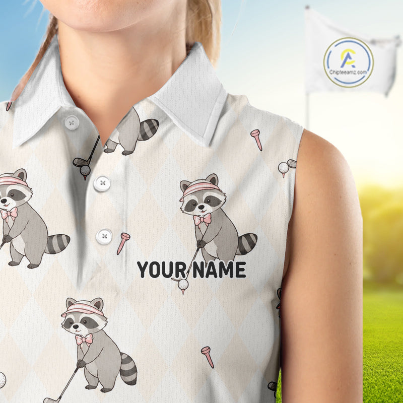 Personalized Funny Argyle Raccoon Pattern Womens Sleeveless Golf Polo Shirt - Custom Golf Team Gift