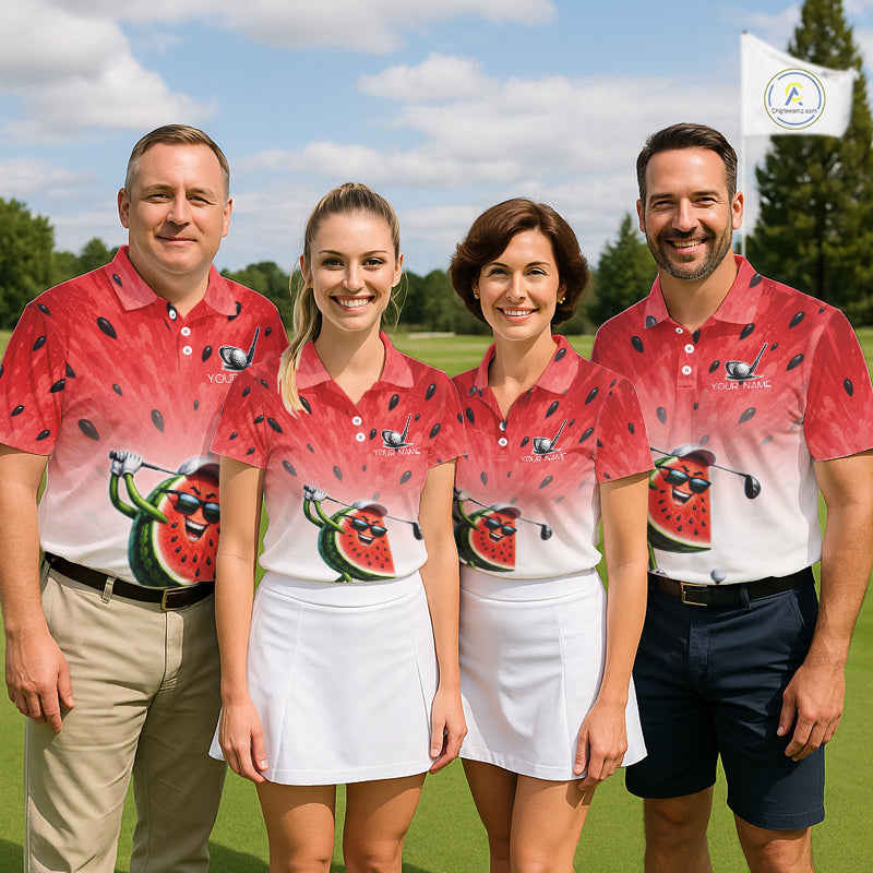 Four people wearing matching red and white polo shirts with watermelon design on a golf course.