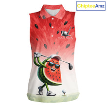 Load image into Gallery viewer, Custom Name Team Name Watermelon Womens Sleeveless Golf Polo Shirt - Funny Cartoon Golf Clothing 