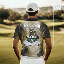 Load image into Gallery viewer, Person wearing a golf shirt with a raccoon design and 'TEAM NAME' text on a golf course.