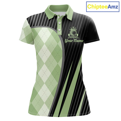 Womens Golf Polo Shirt Green Black Argyle Plaid Golf Pattern Custom, Womens Shirt Golf Tops NHT667