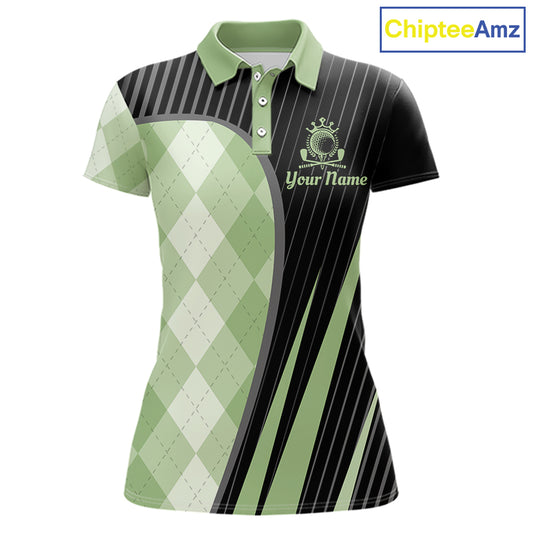 Womens Golf Polo Shirt Green Black Argyle Plaid Golf Pattern Custom, Womens Shirt Golf Tops NHT667