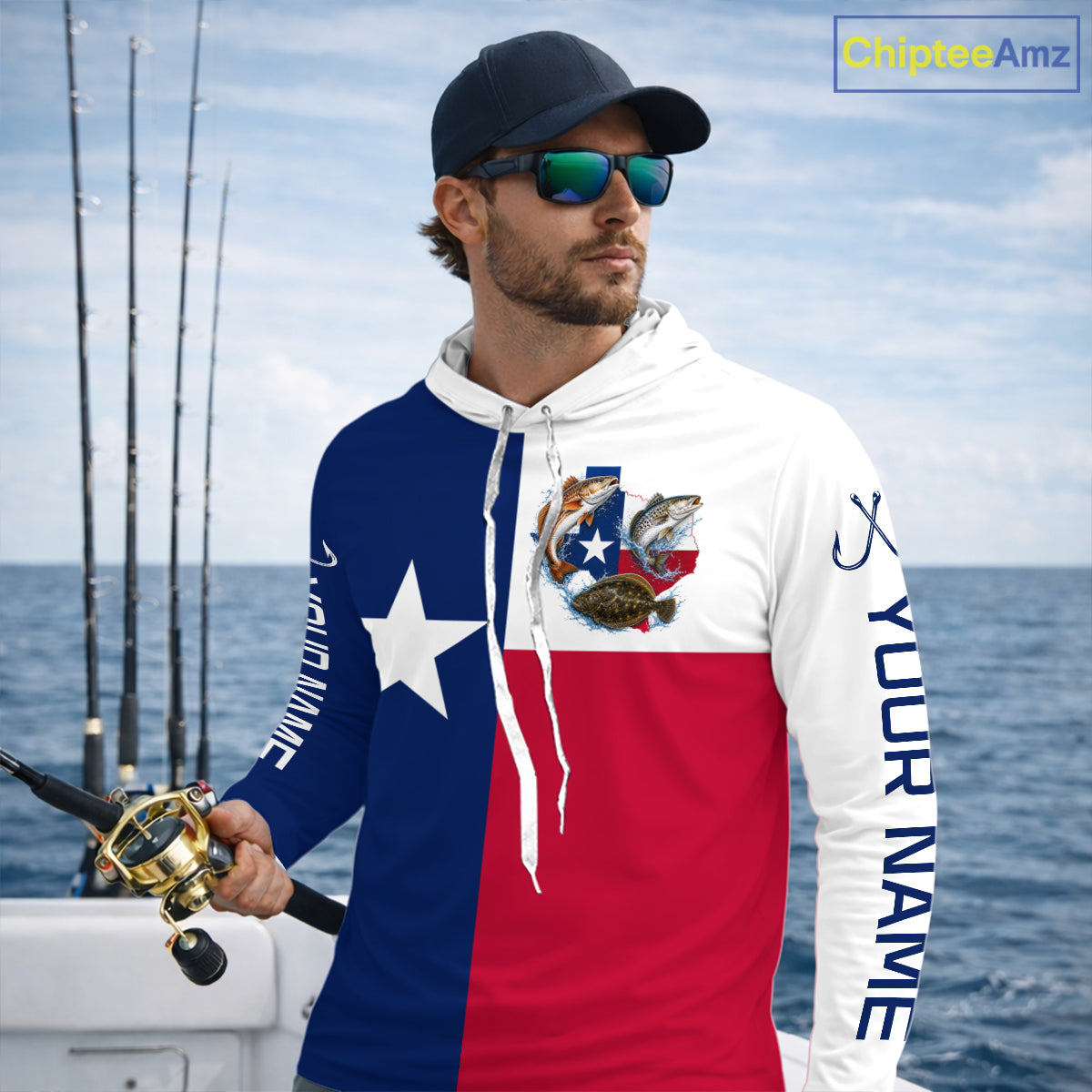 Texas Slam Long Sleeve Hooded Jersey With Redfish, Trout & Flounder Texas Saltwater Fishing Shirt For Men 
