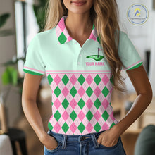 Load image into Gallery viewer, Pink Argyle Golf Polo Shirt Personalized Womens Golf Shirt Cute Preppy Golf Outfit Custom Name, Familly Team Shirts NHT691