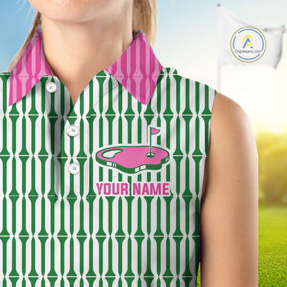 Funny Pink Green Geometric Womens Sleeveless Polo Golf Shirt, Retro Style Performance Golf Top For Family Team Shirt NHT692