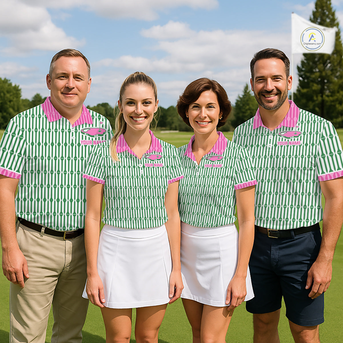 Funny Pink Green Geometric Womens Polo Golf Shirt, Retro Style Performance Golf Top For Family Team Shirt  NHT692