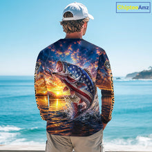 Load image into Gallery viewer, American Flag Bass Fishing Jersey – Patriotic Sunset Lake Angler Long Sleeve For Men