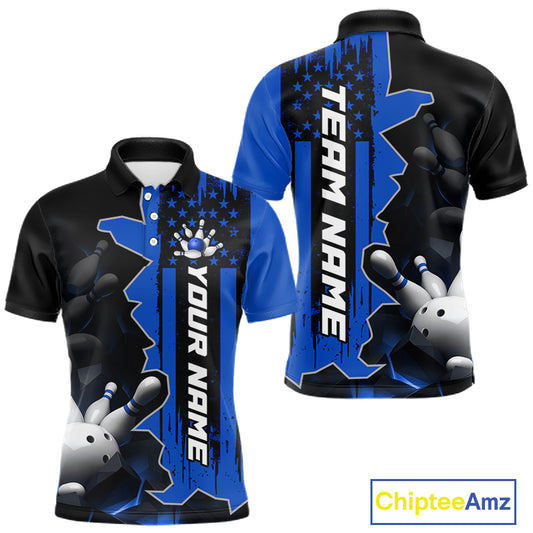 Men's custom bowling tournament polo shirt – blue personalized team bowling jersey close-up