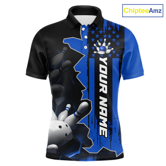 Men's custom bowling tournament polo shirt – personalized team bowling jersey blue front view

