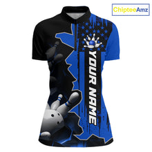 Load image into Gallery viewer, Women's 1/4 zip bowling tournament shirt – personalized team bowling jersey blue front view