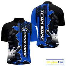 Load image into Gallery viewer, Men's blue 1/4 zip bowling tournament shirt – lightweight breathable personalized team bowling jersey